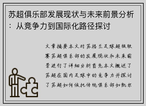 苏超俱乐部发展现状与未来前景分析：从竞争力到国际化路径探讨