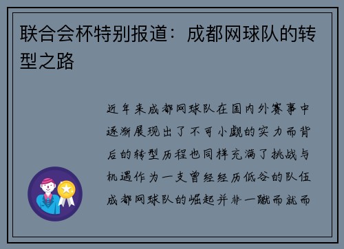 联合会杯特别报道：成都网球队的转型之路