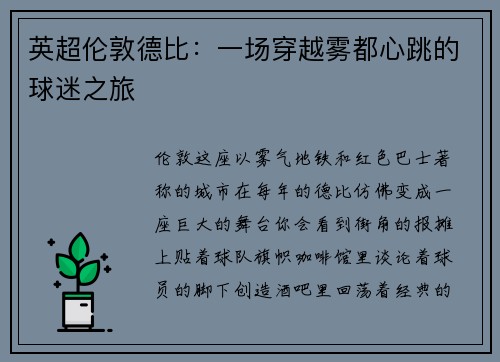 英超伦敦德比：一场穿越雾都心跳的球迷之旅