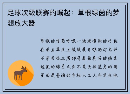 足球次级联赛的崛起：草根绿茵的梦想放大器